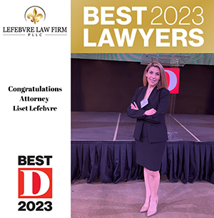 Photo of attorney Liset Lefebvre Martinez and the text Best D 2023, Congratulations Attorney Liset Lefebvre
