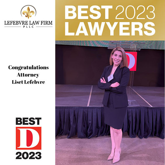Photo of attorney Liset Lefebvre Martinez and the text Best D 2023, Congratulations Attorney Liset Lefebvre