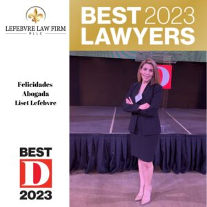 Photo of attorney Liset Lefebvre Martinez and the text Best D 2023, Felieidades Abogada Liset Lefebvre